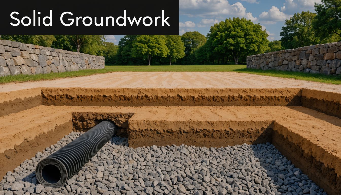A cross-section view showing a drainage pipe installed in a gravel bed for solid ground preparation.