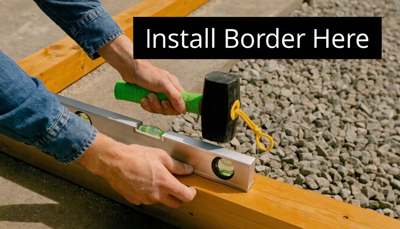 A person using a level and mallet to install a wooden border for a landscape project.