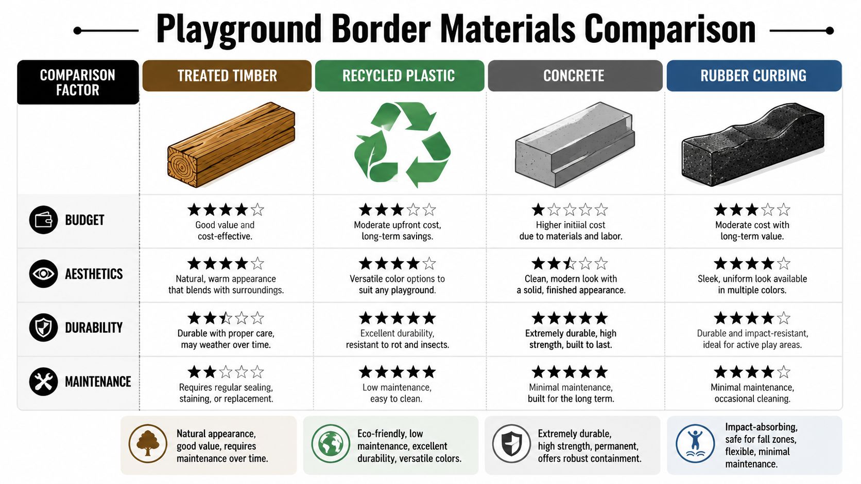 A comparison chart of playground border materials including treated timber, recycled plastic, concrete, and rubber curbing.