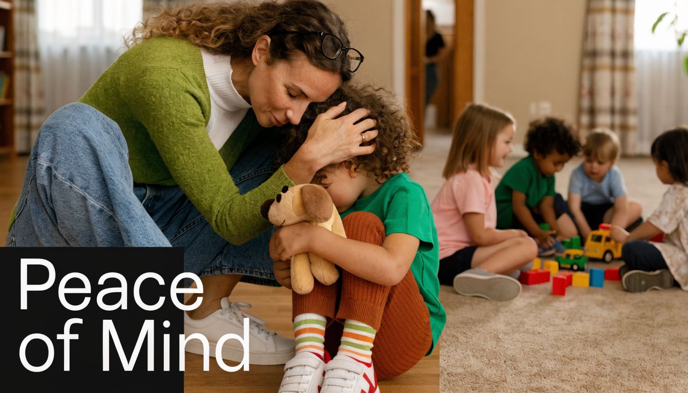 A caring teacher comforting a young child holding a stuffed animal while other children play together.