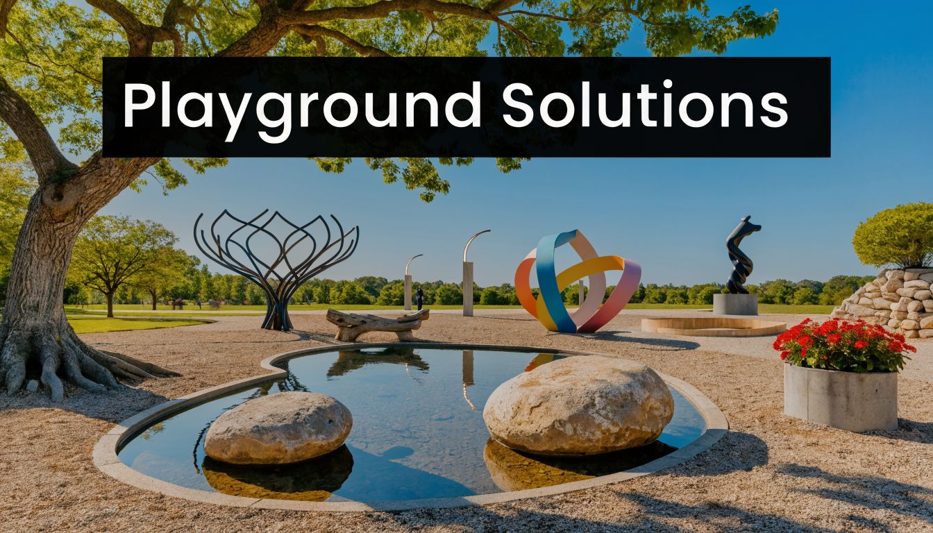 A serene public park featuring abstract modern sculptures and a small stone-lined reflecting pond under blue skies.