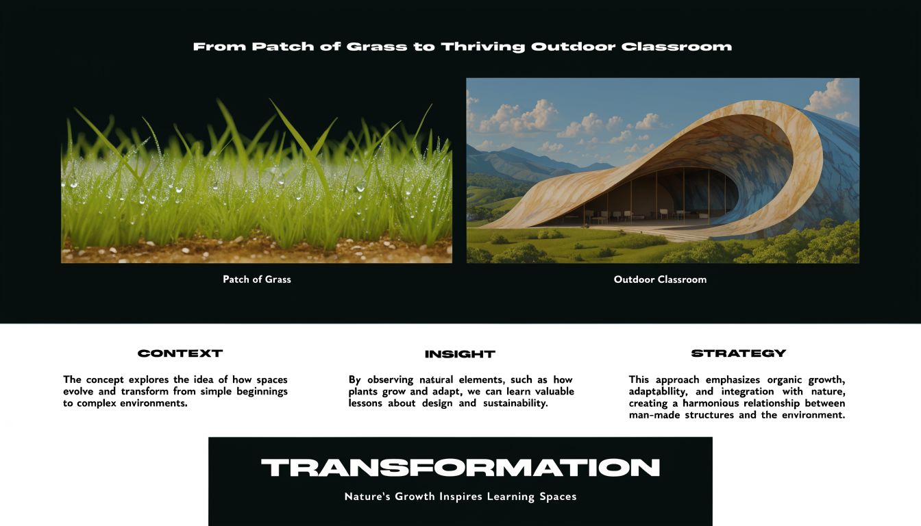 A conceptual diagram showing the transformation from a simple patch of grass to an organic outdoor classroom.