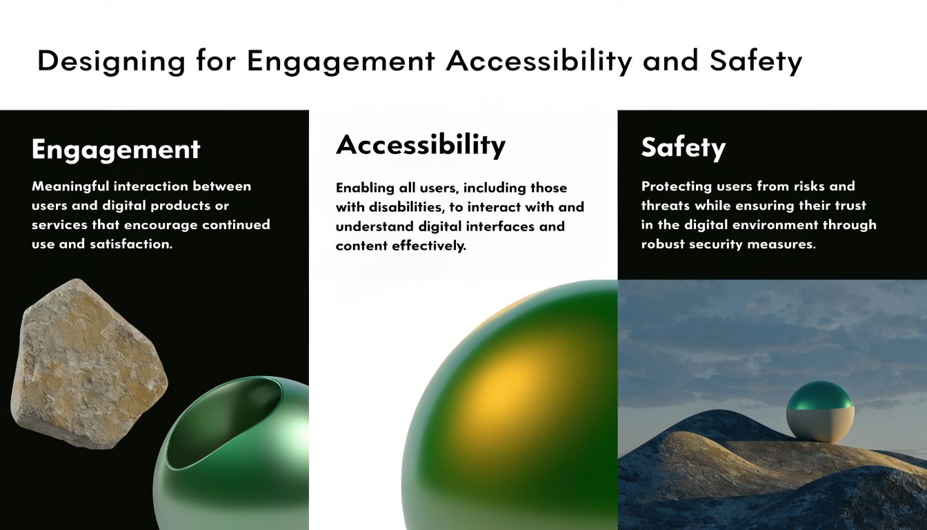 A graphic design presentation slide about designing for engagement, accessibility, and safety with abstract 3D shapes.