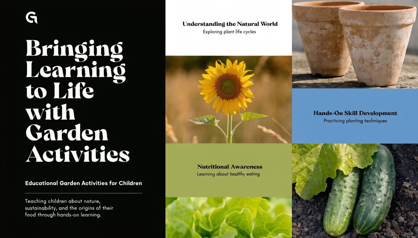 A promotional infographic for children's gardening programs, featuring a sunflower, terracotta pots, and fresh cucumbers.