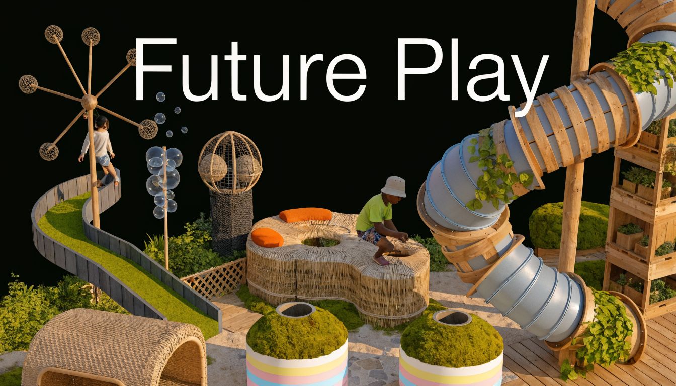 A creative and futuristic outdoor playground design featuring wooden structures, tube slides, and natural play elements.