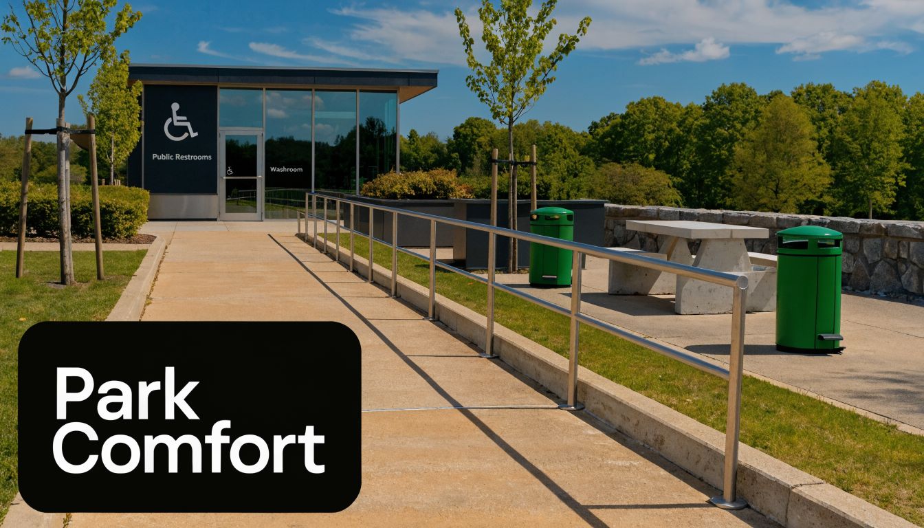 A modern, accessible public restroom building at a sunny park featuring a ramp and picnic area.