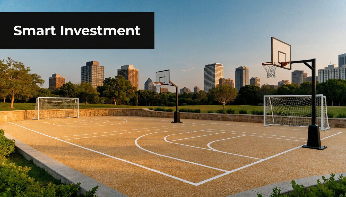 A modern multi-sport court with basketball hoops and soccer goals set against a scenic city skyline.