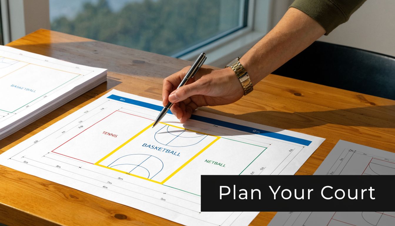 A person sketching a multi-sport court design on a paper floor plan on a wooden desk.