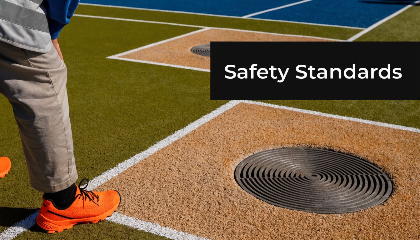 A person in safety gear stands on a multi-sport court featuring circular drainage grates and markings.
