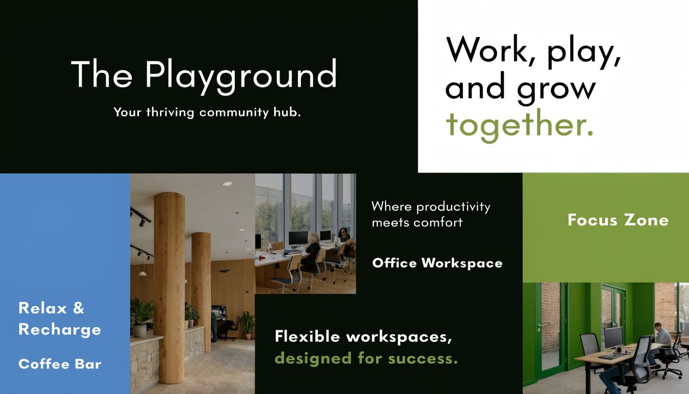 A marketing flyer for The Playground, a community hub featuring office workspaces, coffee bars, and focus zones.