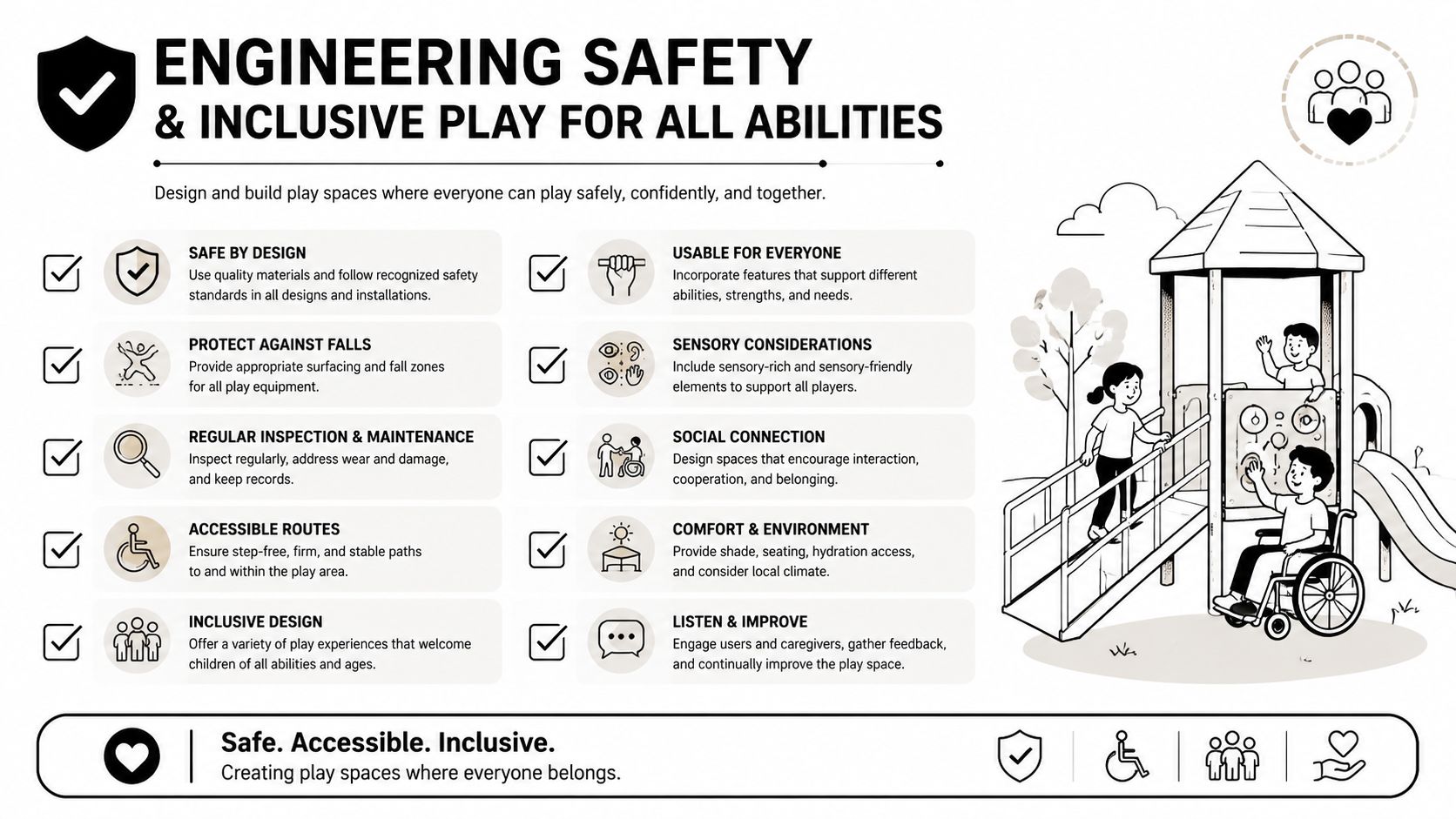 An infographic titled Engineering Safety and Inclusive Play outlining essential guidelines for building safe, accessible, and inclusive playgrounds.