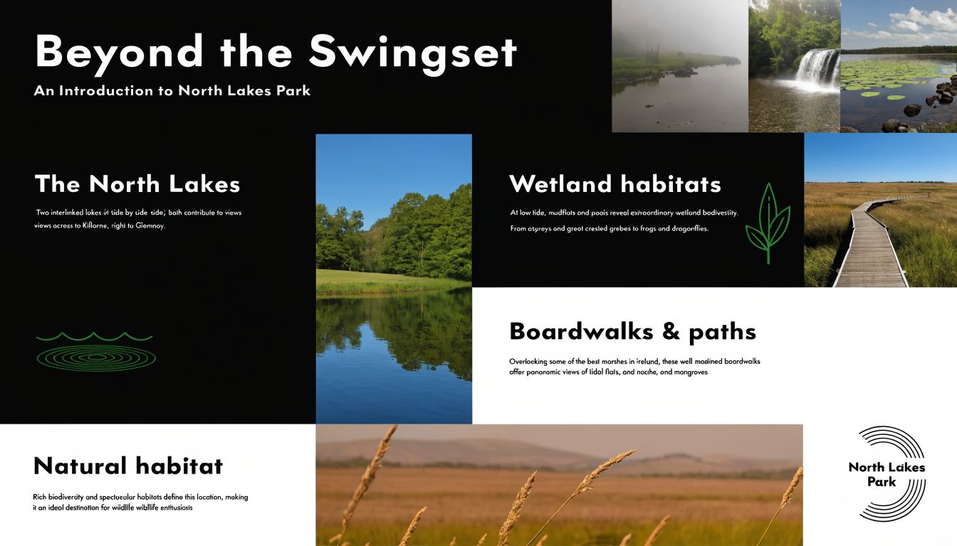 Informational sign for North Lakes Park featuring photographs of landscapes, lakes, wetlands, and boardwalk paths.