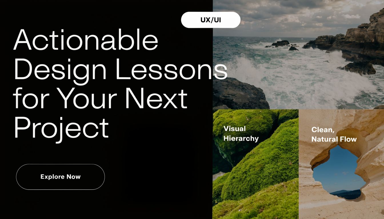 A modern web design landing page featuring the title Actionable Design Lessons for Your Next Project.