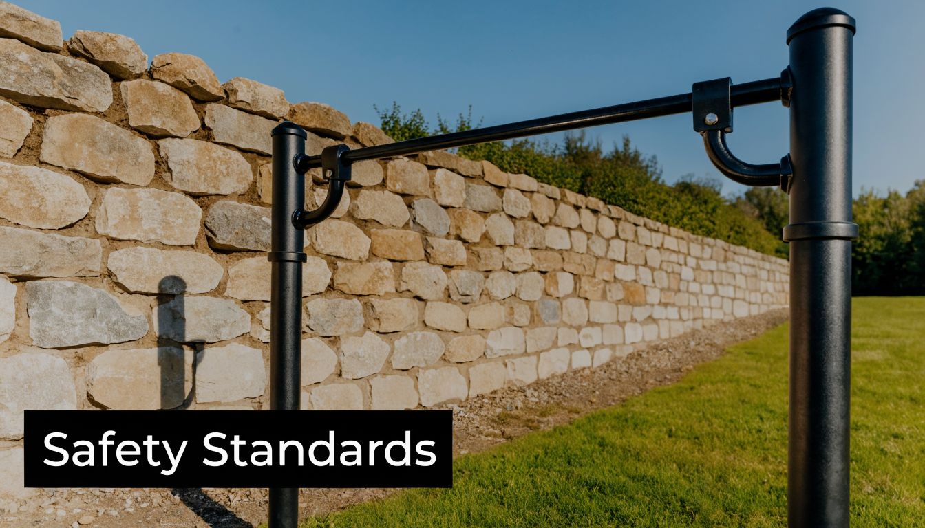 A sturdy black metal pull up bar installed in an outdoor setting in front of a stone wall.