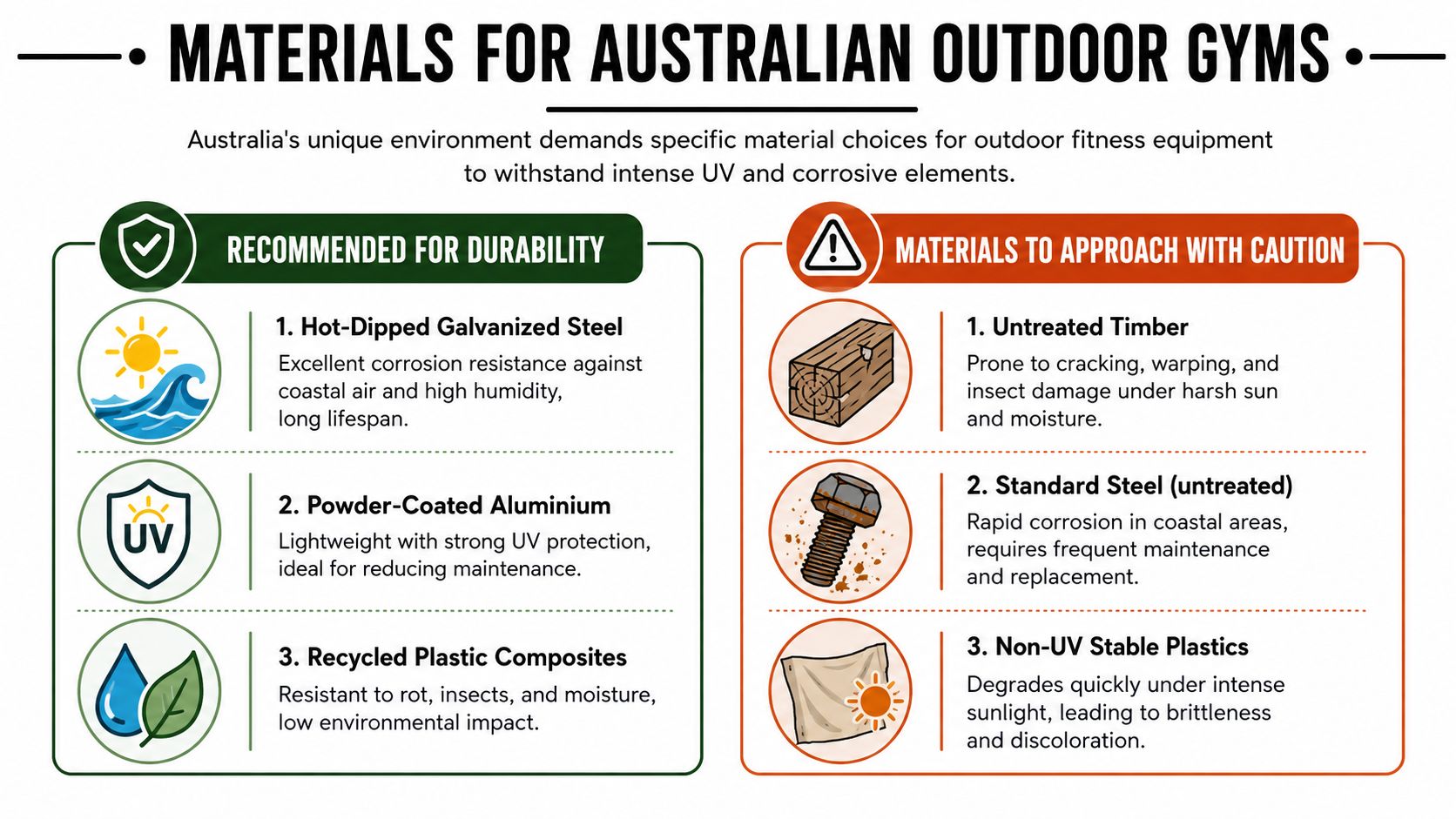 An infographic comparing durable and caution-requiring materials for constructing outdoor gym equipment in the Australian climate.