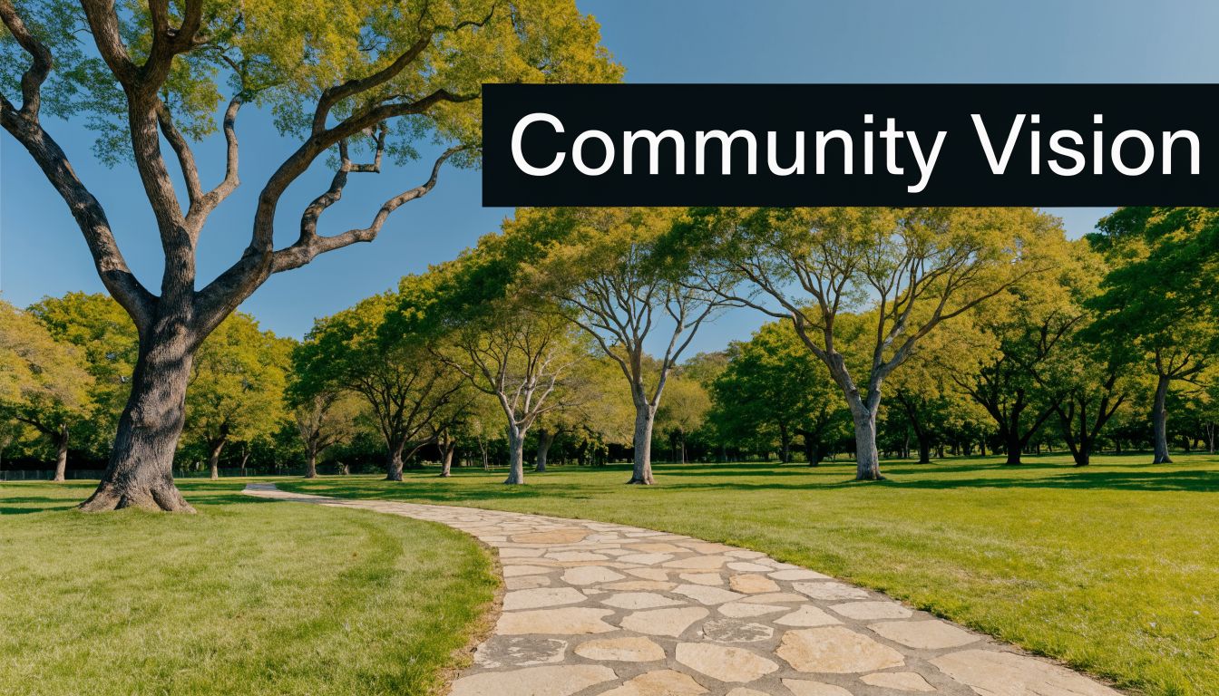 A serene park path made of stone winding through a lush green field under a clear sky.