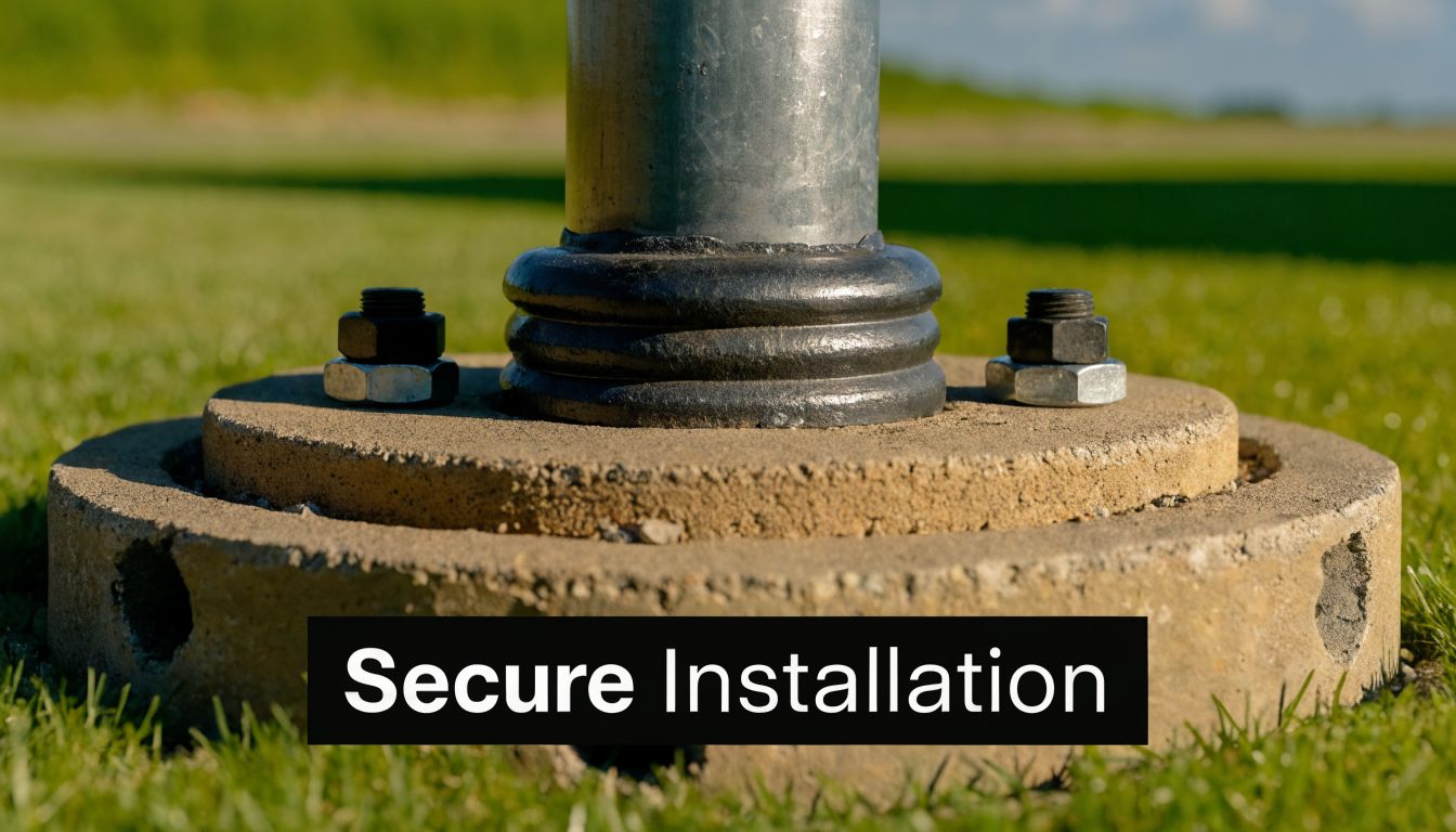 A close-up view showing the secure, bolted metal base of an outdoor gym equipment pole.