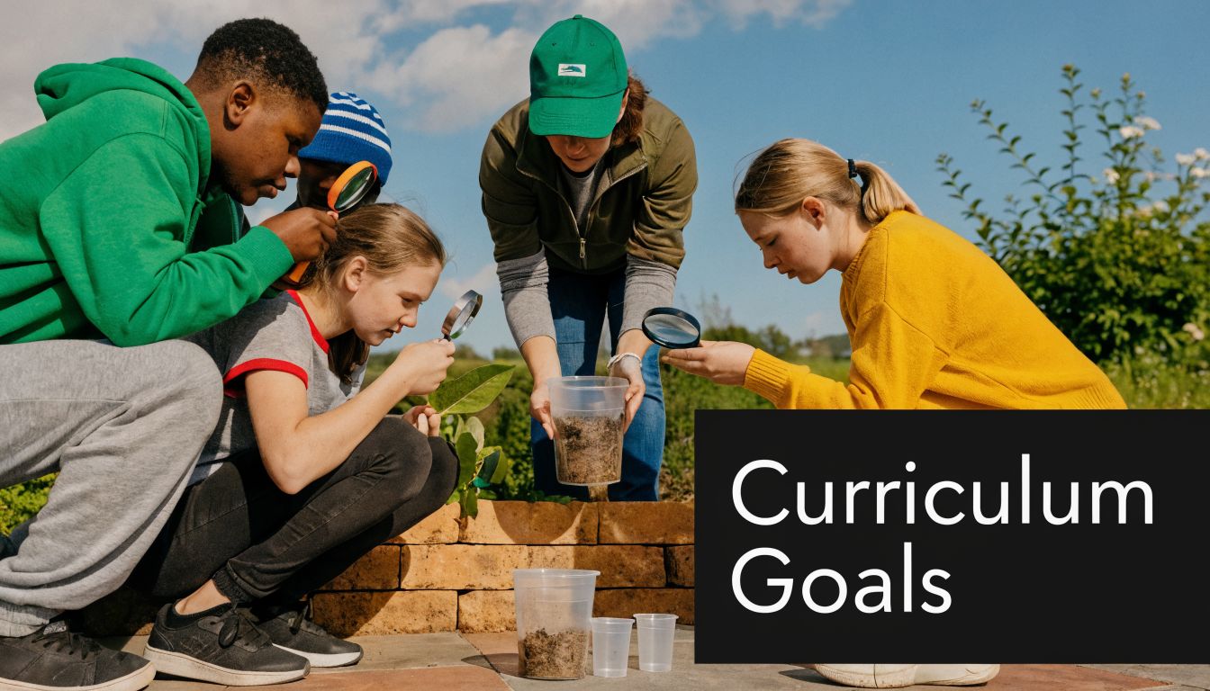 A diverse group of students and a teacher exploring soil in an outdoor learning setting.