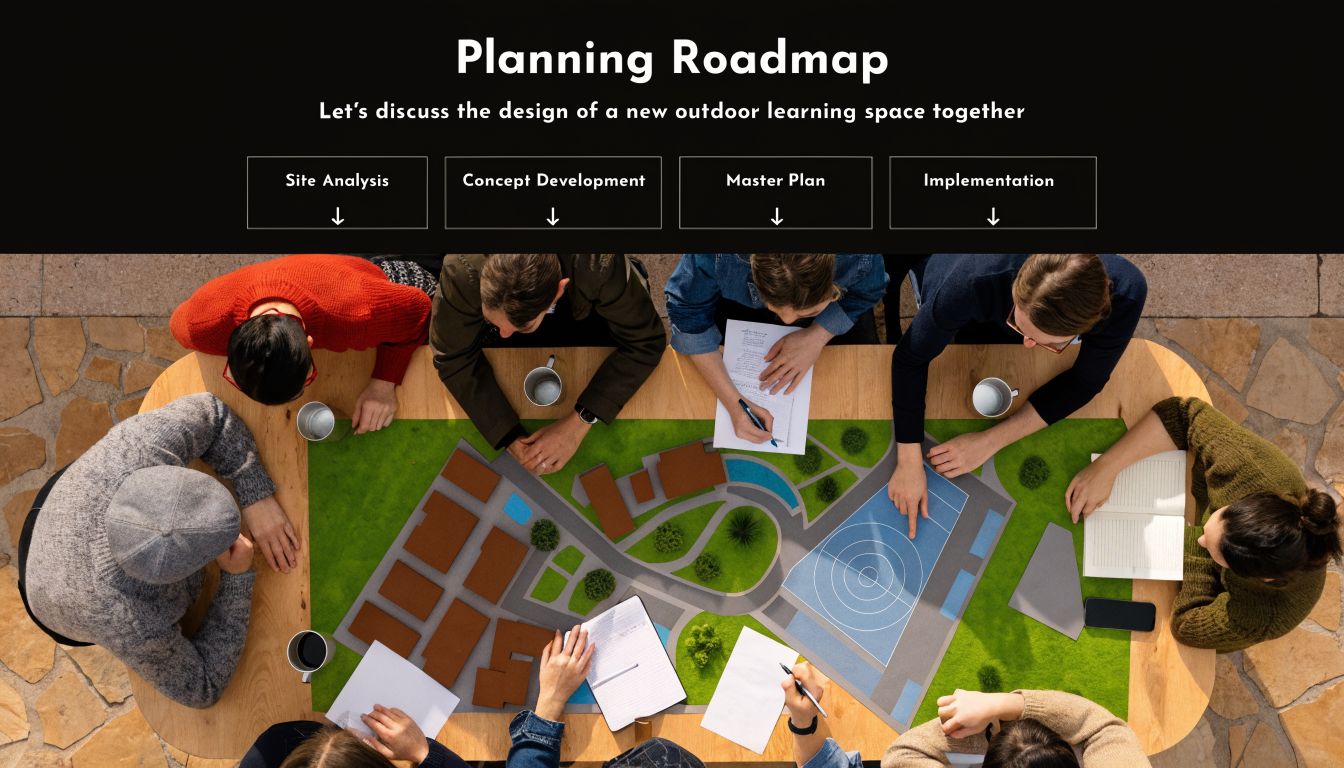 A group of professionals collaborating around a table reviewing a model of outdoor learning spaces for schools.