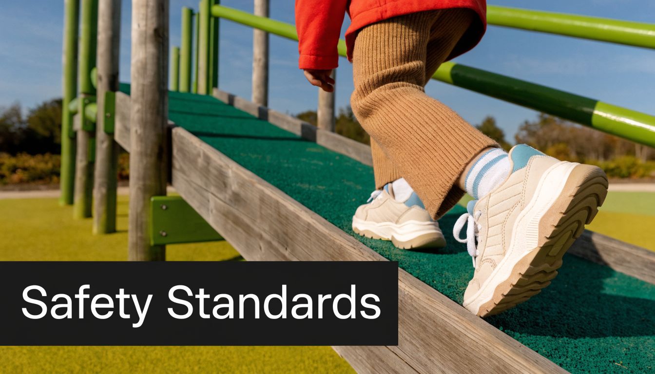 A child in beige pants walking up a green rubber ramp at an outdoor playground.