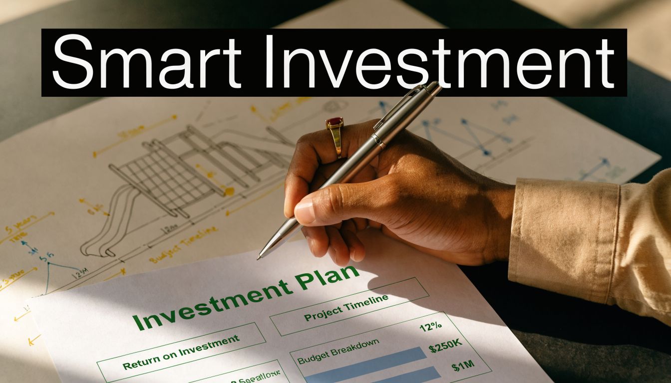 A professional analyzing a sensory playground equipment investment plan document with a pen and financial charts.