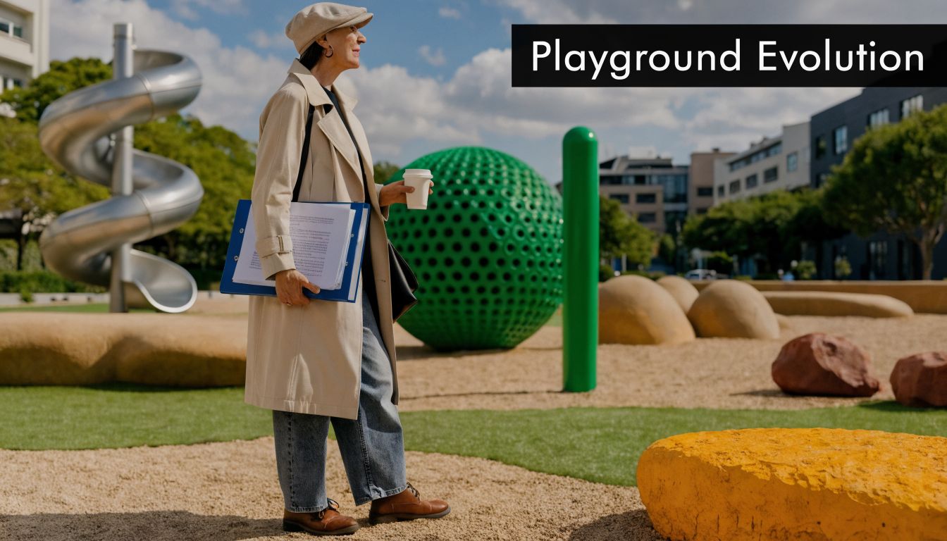 A professional woman in a trench coat and hat standing in a modern, creatively designed urban sensory playground.