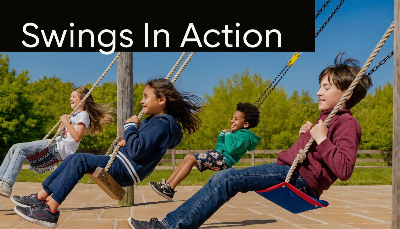 A group of happy children playing on swings at an outdoor playground on a sunny day.
