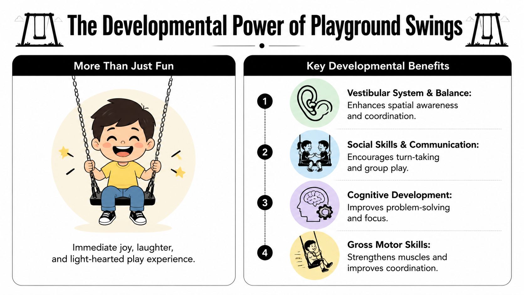 An infographic detailing the developmental benefits of playground swings for children, including physical, social, and cognitive growth.