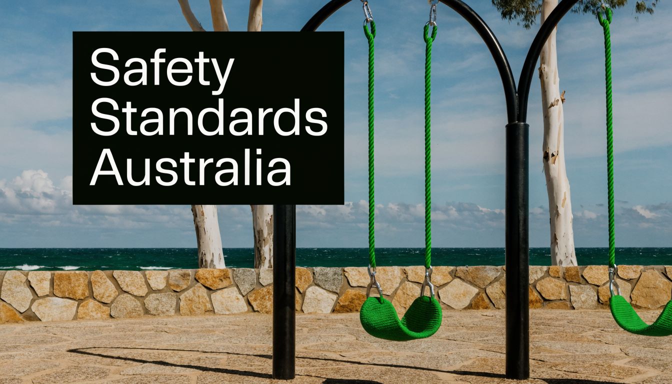 A scenic view of a green playground swing set overlooking the ocean in Australia.