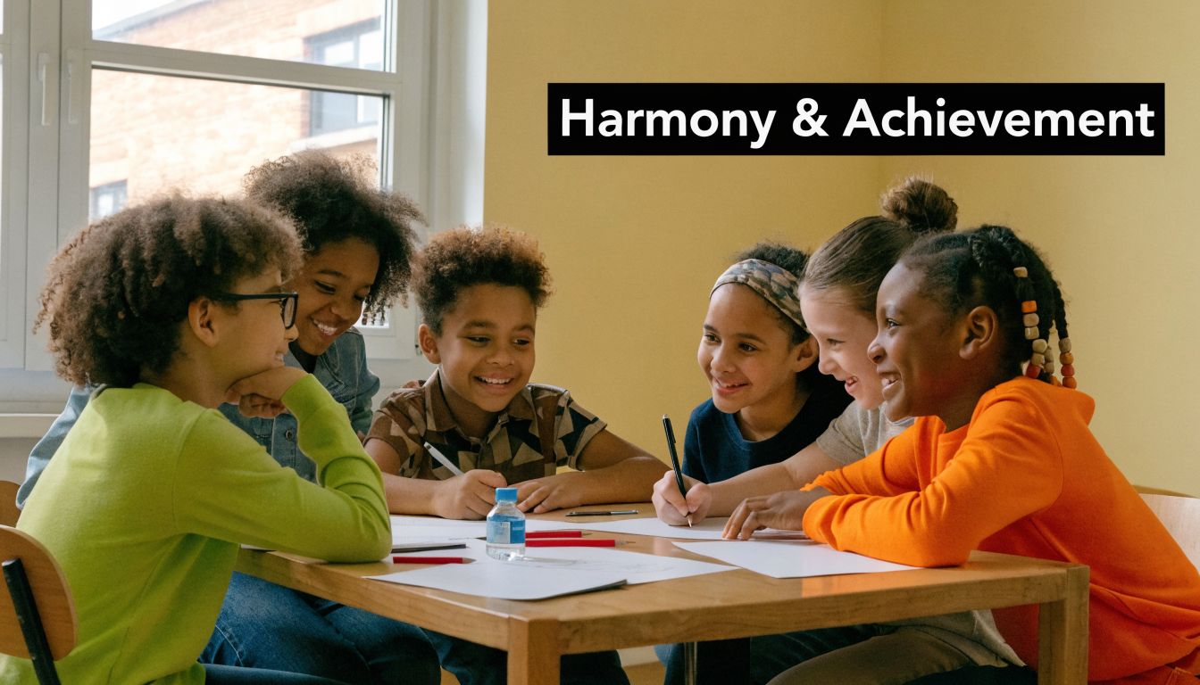 A diverse group of elementary school children sitting at a wooden table smiling and working together on assignments.