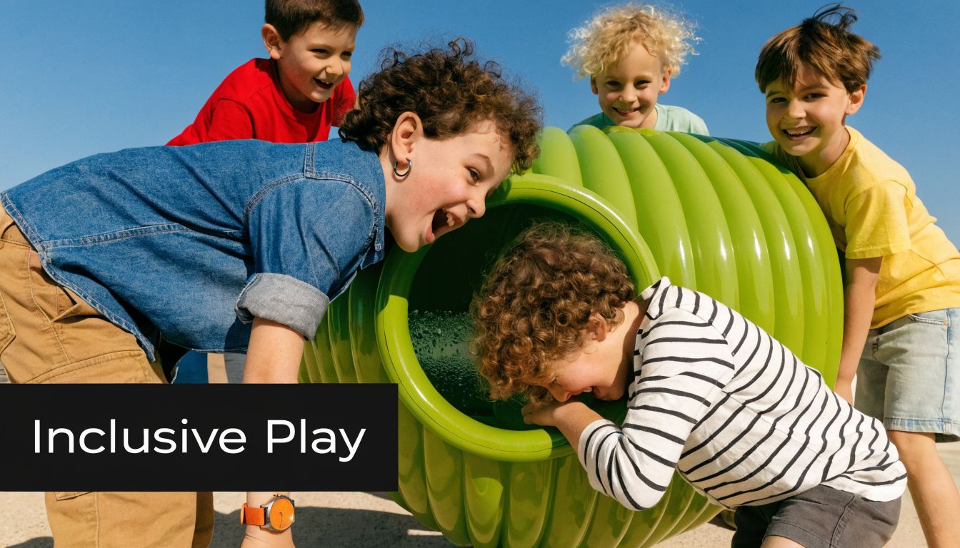 A group of diverse, happy children laughing while playing together on a green playground tunnel structure.