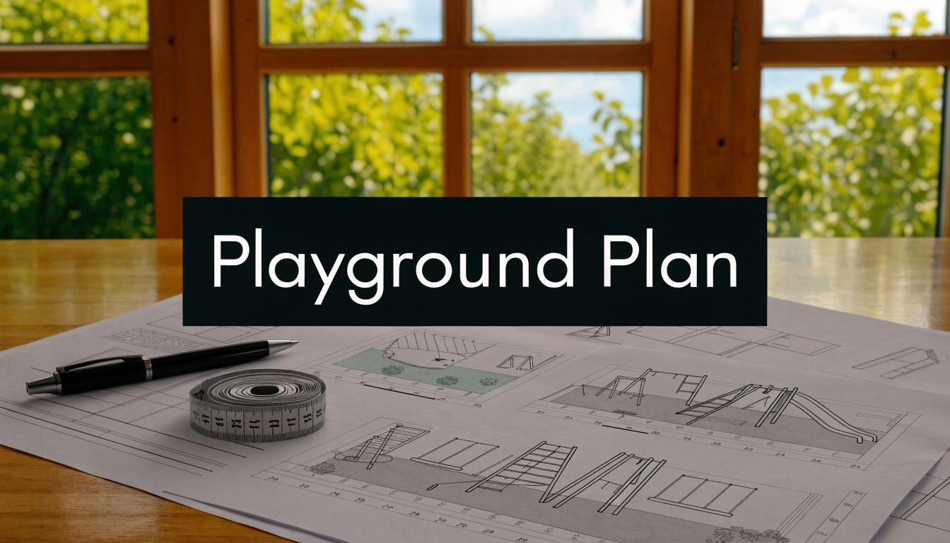 A printed playground architectural plan with a pen and tape measure on a wooden desk by a window.